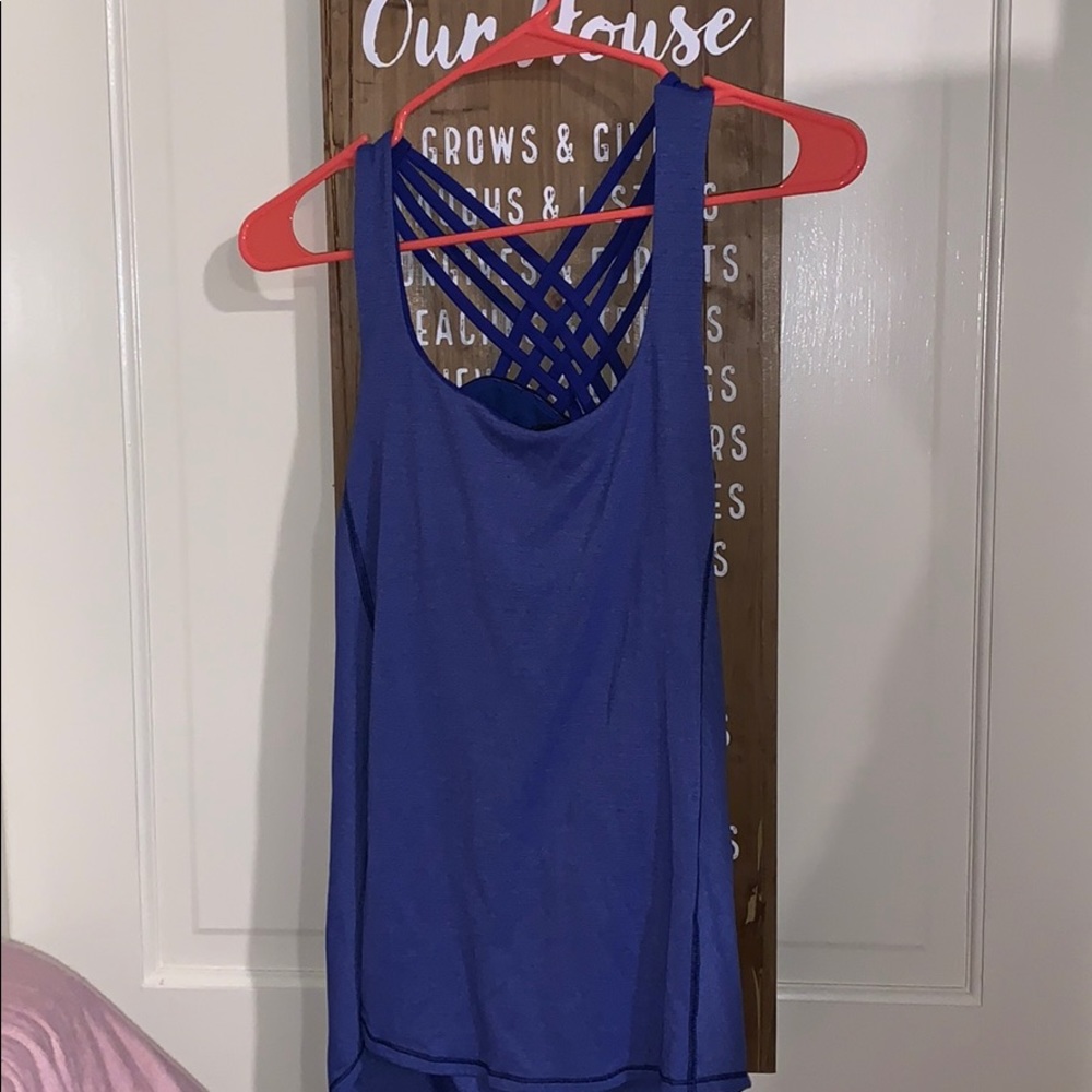blue Lululemon workout top with built-in bra